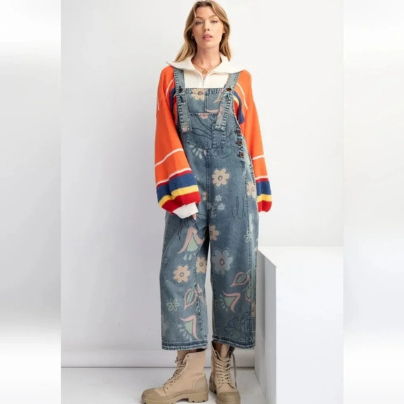 Easel Vintage Denim Washed Floral Flowers Overalls Jumpsuit New - Picture 6 of 6